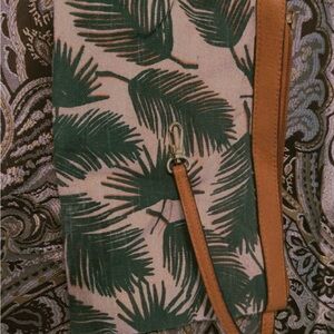 Tropical Leaf Print Clutch with Tan Strap